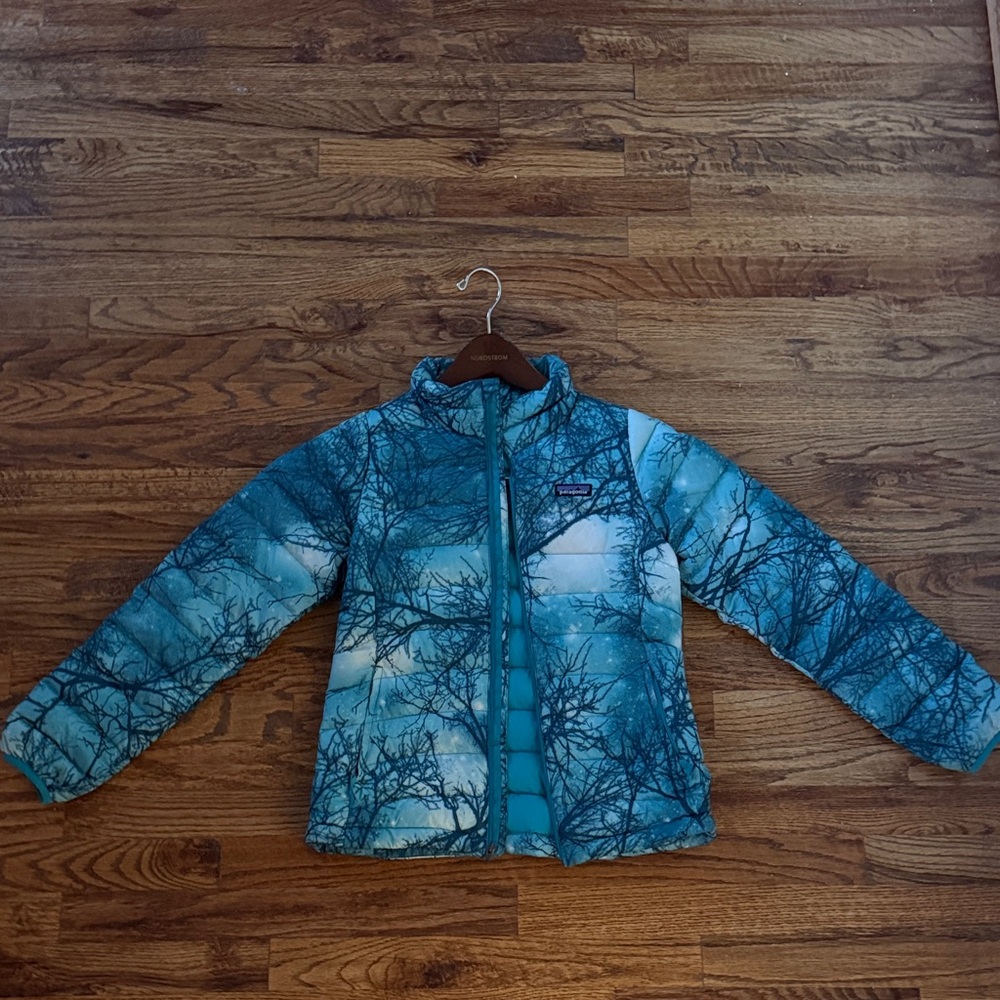 Patagonia Kids Teal and White Patterned Puffer Jacket